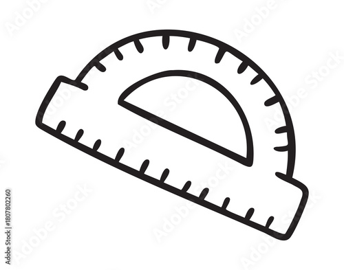 Protractor, geometry class icon, line art school doodle, outline contour, monochrome, hand drawn