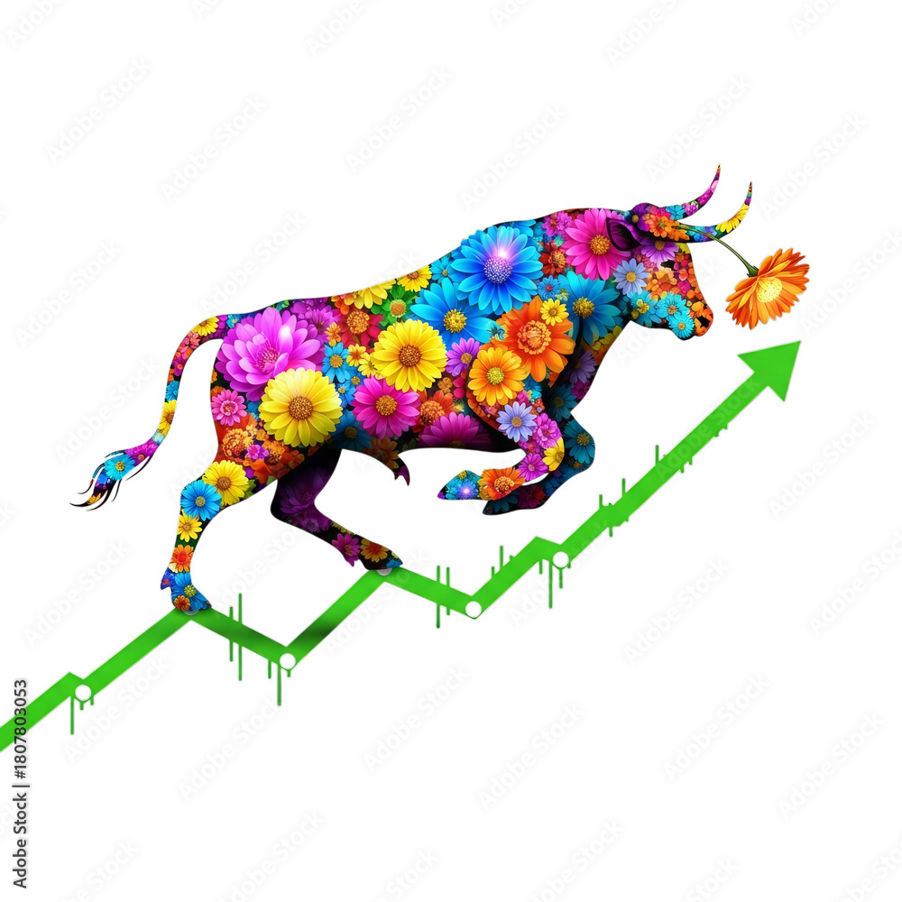 Fototapeta premium Floral bull running up financial graph conveys market growth and prosperity concept