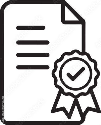 Line icon of a certified document with a ribbon seal and checkmark representing an official guarantee license or approved quality standard certificate vector stroke 
