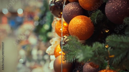 Bright orange and dark ornaments hang on a Christmas tree in a bustling holiday shop. Shoppers enjoy the festive decor, which sparks seasonal joy and excitement during the year-end celebrations