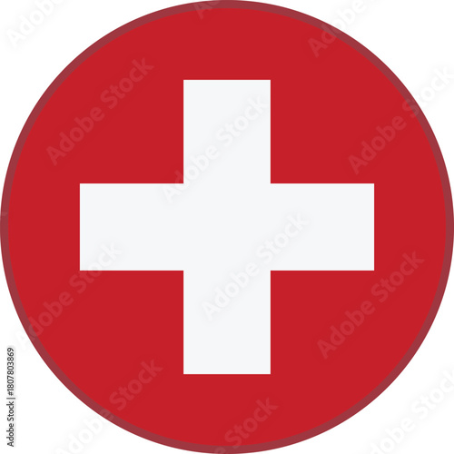 Round icon of Switzerland national flag featuring white cross on red background, simple circular vector emblem representing Swiss identity