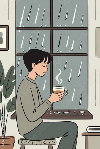 An illustration of a man in a cozy setting with a cup of tea, while it's raining outside