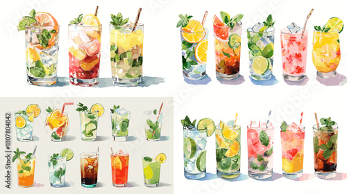 A vibrant watercolor collection of refreshing summer drinks with citrus fruits mint ice and bright colors perfect for beverage menus bar designs healthy lifestyle themes and creative art.
