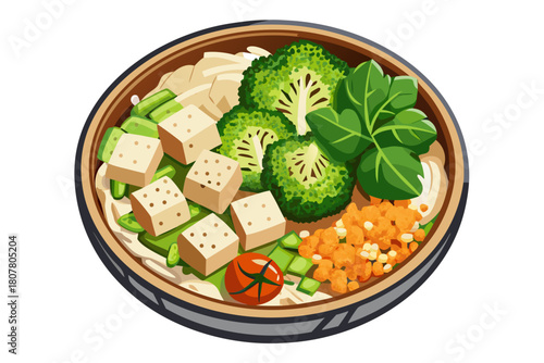 Top view of healthy tofu bowl with broccoli and rice on clean white background, balanced vegetarian meal showcasing fresh ingredients, nutritious vegetarian food concept for modern lifestyle illustrat