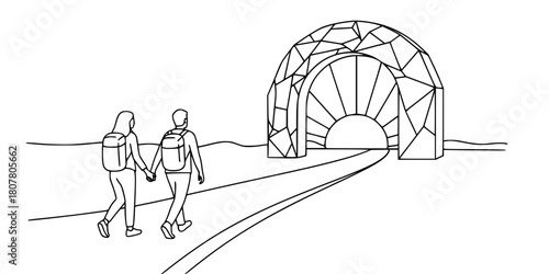 Couple Hiking Winding Path Geometric Sunrise Line Art Vector