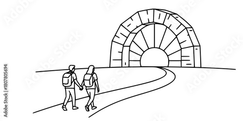 Couple Hiking Winding Path Geometric Sunrise Line Art Vector