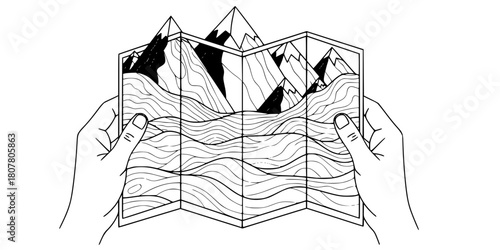 Hands Holding Map Mountain Sea Flat Vector Illustration