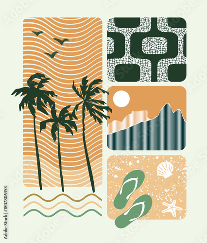 Graphic style illustration of tropical elements and the city of Rio de Janeiro, Brazil.