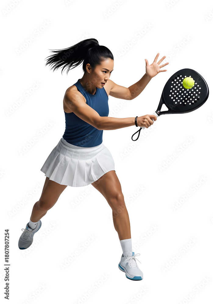Naklejka premium Dynamic female athlete playing padel, transparent background