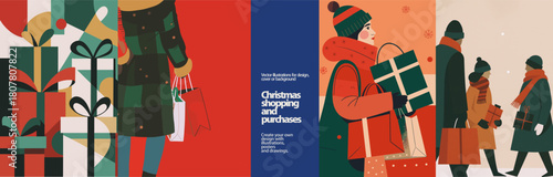 Festive Christmas shopping vector set with gift boxes, winter outfits, and holiday crowds. Modern geometric illustrations perfect for seasonal sales, ads, greeting cards, and festive marketing.
