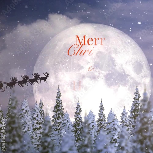 Merry Christmas and a Happy New Year 2026 greetings animation with magical winter nature & christmas night: snow, gigant moon and santa sleigh