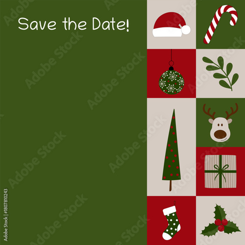 Save the Date - Schriftzug in englischer Sprache - Termin vormerken. Quadratische Einladungskarte mit Weihnachtssymbolen.