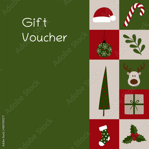 Gift Voucher - Schriftzug in englischer Sprache - Geschenkgutschein. Quadratische Geschenkkarte mit Weihnachtssymbolen.