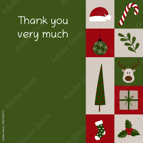 Thank you very much - Schriftzug in englischer Sprache - Vielen Dank. Quadratische Grußkarte mit Weihnachtssymbolen.