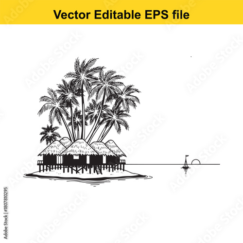 Hand drawn vector illustration of a tropical island with palm trees and bungalows black and white drawing of a paradise isolated on