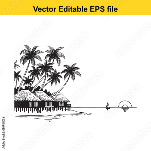 Tropical beach with palm trees and bungalows isolated on a serene scene with a sailboat and a setting sun on the horizon