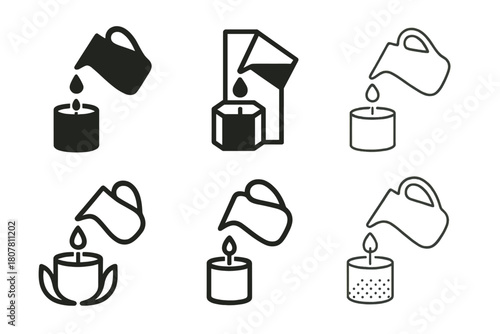 Artistic Candle-Making Logos. Handmade candles and soap making. Icon set. Set Logo of pouring wax: jug pouring liquid into candle mold. harmonious logo