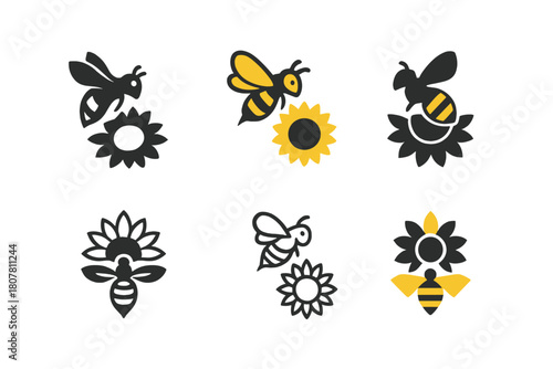 Bee Logo Variations. Bees and pollination. Icon set. Set Logo of Bees and pollination: beehive hanging from branch. harmonious logo variations of the same