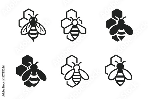 Bee Logo Variations. Bees and pollination. Icon set. Set Logo of Bees and pollination: beehive hanging from branch. harmonious logo variations of the same