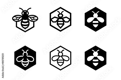 Bee Logo Variations. Bees and pollination. Icon set. Set Logo of Bees and pollination: beehive hanging from branch. harmonious logo variations of the same