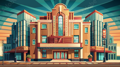Very beautiful illustration of the Fargo Theater in North Dakota, USA, showcasing its iconic Art Deco marquee and historic façade, with a clear view of architectural details and urban surroundings.