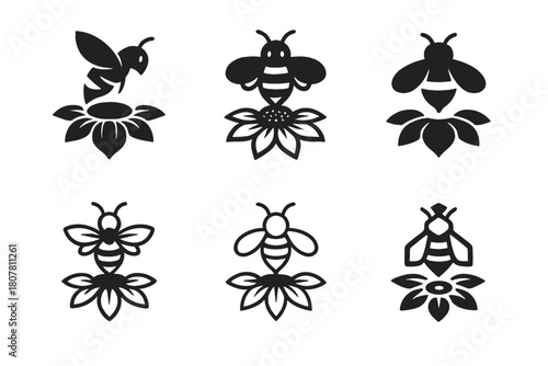Bee Logo Variations. Bees and pollination. Icon set. Set Logo of Bees and pollination: beehive hanging from branch. harmonious logo variations of the same