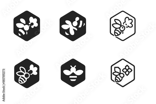 Bee Pollination Icons. Bees and pollination. Icon set. Set Logo of Bees and pollination: honeybee hovering over flower. harmonious logo variations of the same