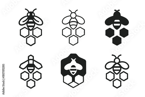 Bee Pollination Logos. The role of bees in pollination. Icon set. Set Logo of pollination: bee and pollen grains. harmonious logo variations of the same