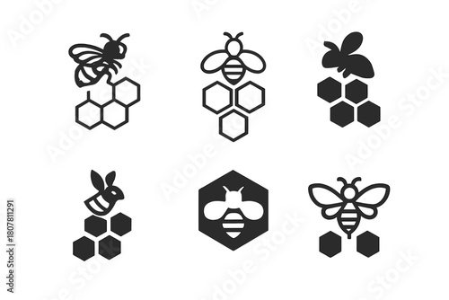 Bee Pollination Logos. The role of bees in pollination. Icon set. Set Logo of pollination: bee and pollen grains. harmonious logo variations of the same