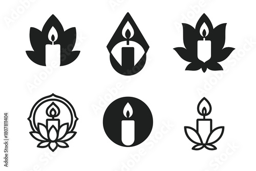 Candle Symbol Logos. Candle magic. Icon set. Set Logo of divine connection: candle merging with spiritual symbol. harmonious logo variations of the same