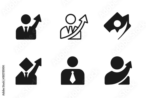 Career Growth Icons. Career growth. Solid icon set of career growth: briefcase, chart arrow, handshake, lightbulb, target, gear, ladder, document, medal, flag,