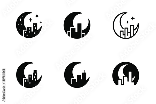 Cityscape Lunar Logos. Fantasy and mythology in modern settings. Icon set. Set Logo of celestial power: moon over cityscape. harmonious logo variations of the