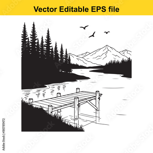 Lake landscape with wooden pier isolated on a tranquil scene with forest, mountains, river and birds in the sky