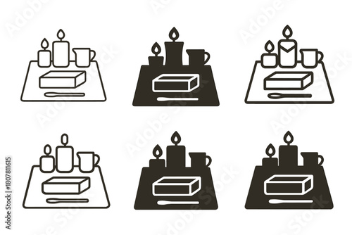 Craft Logo Variations. Handmade candles and soap making. Icon set. Set Logo of craft workspace: table with tools and molds. harmonious logo variations of the