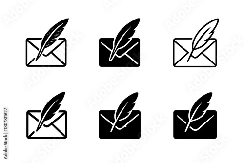 Correspondence Logo Variations. Postmark ink. Icon set. Set Logo of correspondence: feather pen and stamped letter. harmonious logo variations of the same