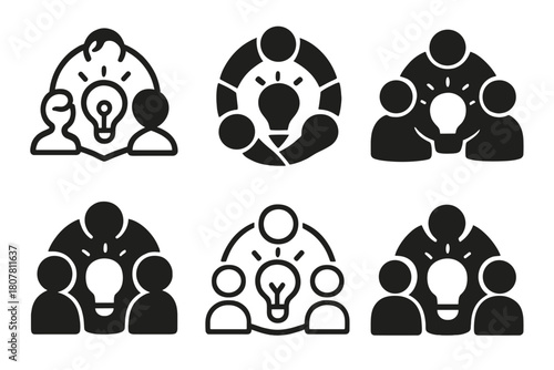 Creative Collaboration Icons. Collaboration in creative teams. Icon set. Set Logo of Collaboration in creative teams: group sharing ideas around light bulb.