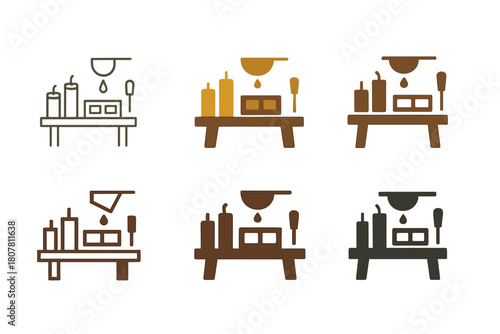 Craft Logo Variations. Handmade candles and soap making. Icon set. Set Logo of craft workspace: table with tools and molds. harmonious logo variations of the
