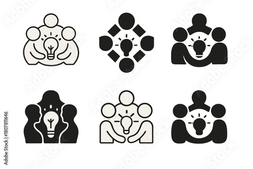 Creative Collaboration Icons. Collaboration in creative teams. Icon set. Set Logo of Collaboration in creative teams: group sharing ideas around light bulb.