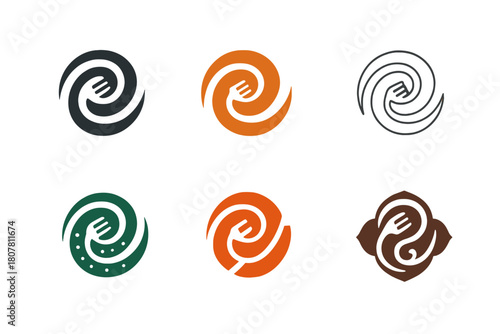 Cuisine Fusion Logos. Cuisine fusions. Icon set. Set Logo of cuisine fusions: yin-yang plate. harmonious logo variations of the same emblematic concept, each