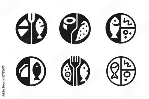 Cuisine Fusion Logos. Cuisine fusions. Icon set. Set Logo of cuisine fusions: yin-yang plate. harmonious logo variations of the same emblematic concept, each