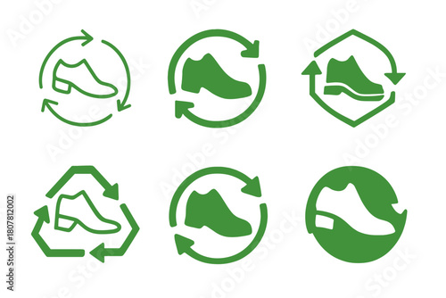 Eco Fashion Icon Set. Eco-conscious fashion shows and events. Icon set. Set Logo of recycled fashion: circular arrows forming a shoe. harmonious logo