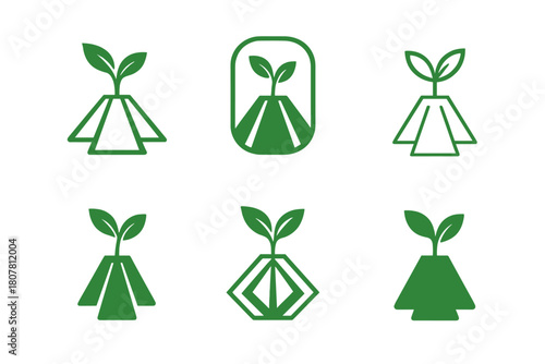 Eco Fashion Logos. Eco-conscious fashion shows and events. Icon set. Set Logo of green event: stage with plant spotlight. harmonious logo variations of the