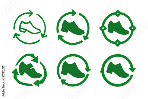 Eco Fashion Icon Set. Eco-conscious fashion shows and events. Icon set. Set Logo of recycled fashion: circular arrows forming a shoe. harmonious logo