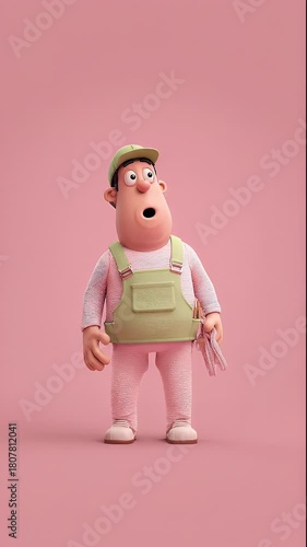 Cartoon character in overalls and a cap looking surprised on a pink background.