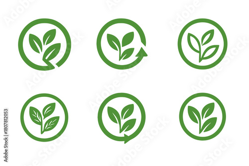 Eco Logo Variations. Green label design with eco vibes trend. Icon set. Set Logo of green label design with eco vibes trend: sun over hills. harmonious logo