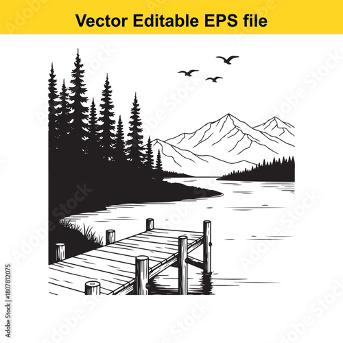 A serene black and white landscape featuring a wooden pier extending into a calm lake, surrounded by tall pine trees and majestic mountains, isolated on