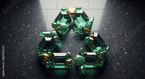 Green gem and gold recycle symbol on a dark speckled floor highlighting environmental luxury