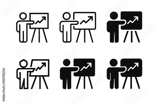 Entrepreneur Logos Grid. A group of entrepreneurs discussing business growth and scalability. Icon set. Set Logo of leadership: person standing at chart board.