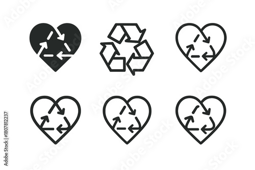 Ethical Fashion Icons. Eco-conscious fashion shows and events. Icon set. Set Logo of ethical design: heart with recycling arrows. harmonious logo variations of