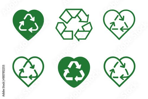 Ethical Fashion Icons. Eco-conscious fashion shows and events. Icon set. Set Logo of ethical design: heart with recycling arrows. harmonious logo variations of